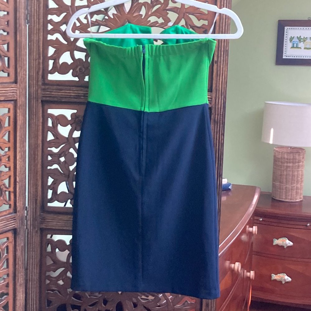 NWOT Trinity Brand Strapeless Bodycon Dress In Navy & Green. Soft Stretch Size M - Picture 6 of 9
